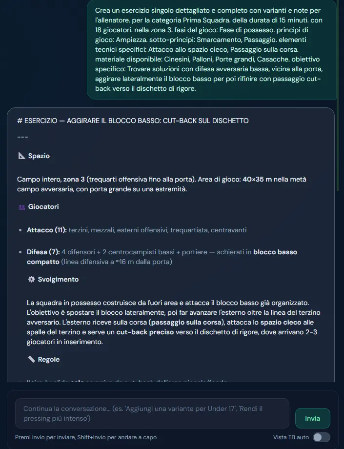 Conversazione con il CoachBot: richiesta di un esercizio per aggirare il blocco basso e risposta completa con spazio, giocatori, svolgimento e regole