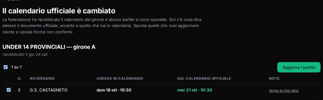 La proposta di aggiornamento: giornata 3, adesso in calendario domenica 18 ottobre, sul calendario ufficiale mercoledì 21 ottobre, con la spunta e il pulsante «Aggiorna 1 partita»