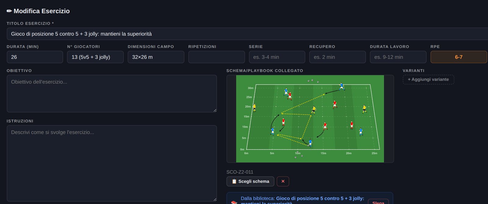 La scheda di un esercizio nella board: 26 minuti, 13 giocatori (5 contro 5 più 3 jolly), campo 32×26 metri, e la casella RPE con la fascia 6-7