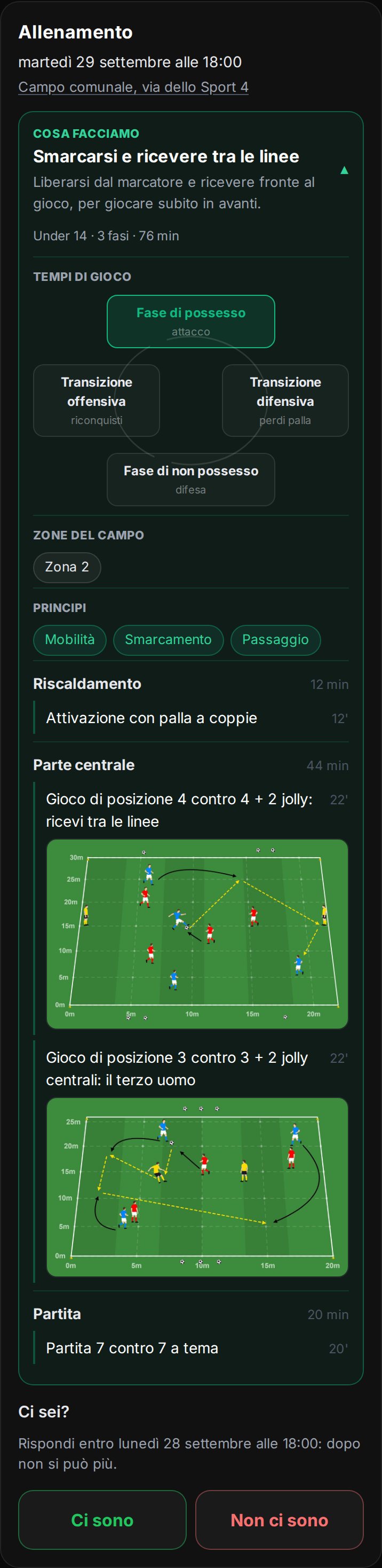 La pagina del ragazzo sul telefono: «Cosa facciamo · Smarcarsi e ricevere tra le linee», i tempi di gioco, la zona, i principi Mobilità, Smarcamento e Passaggio, e gli esercizi con il disegno, sopra la domanda «Ci sei?»