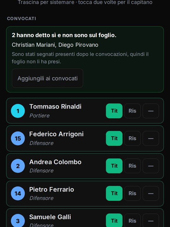 L'area partita sul telefono: l'avviso «2 hanno detto sì e non sono sul foglio» con i nomi e il bottone «Aggiungili ai convocati»