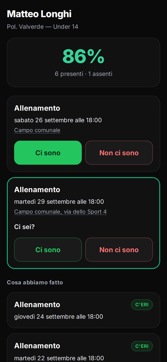 La pagina del ragazzo sul telefono: il prossimo allenamento e i due pulsanti «Ci sono» e «Non ci sono»