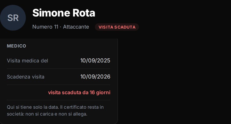 La scheda del ragazzo: sotto il nome «Visita scaduta»; nel riquadro Medico le due date e «visita scaduta da 16 giorni»